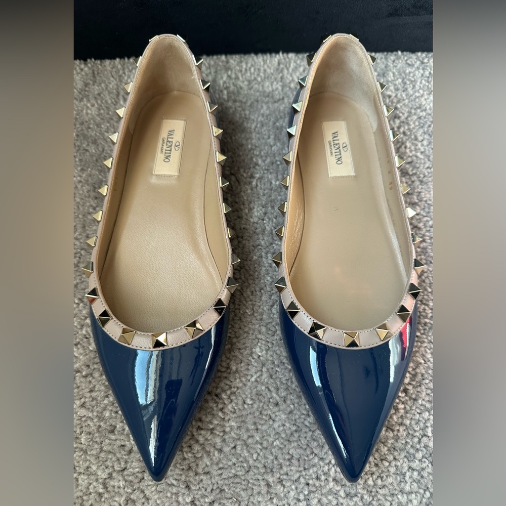 Valentino Garavani Rockstud Patent Blue Ballet Flats Size 39